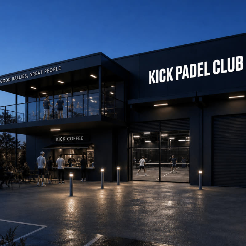 Kick Padel Club at night, with the Kick Coffee stand, upstairs lounge and indoor courts lit up behind the club's illuminated signage