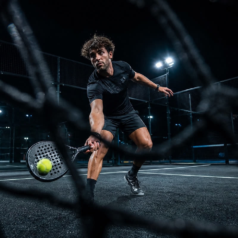 Man playing padel at night, mid-swing returning the ball on an indoor court